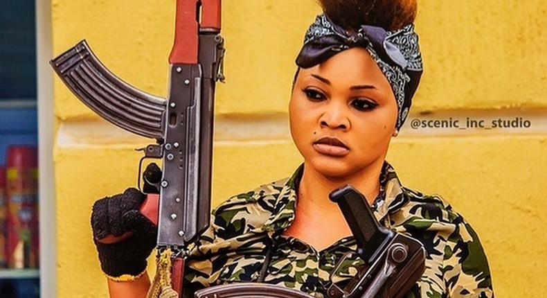 Mercy Aigbe takes on the role of an armed bandit on the new film, '77 Bullets' [Instagram/mercilicious]