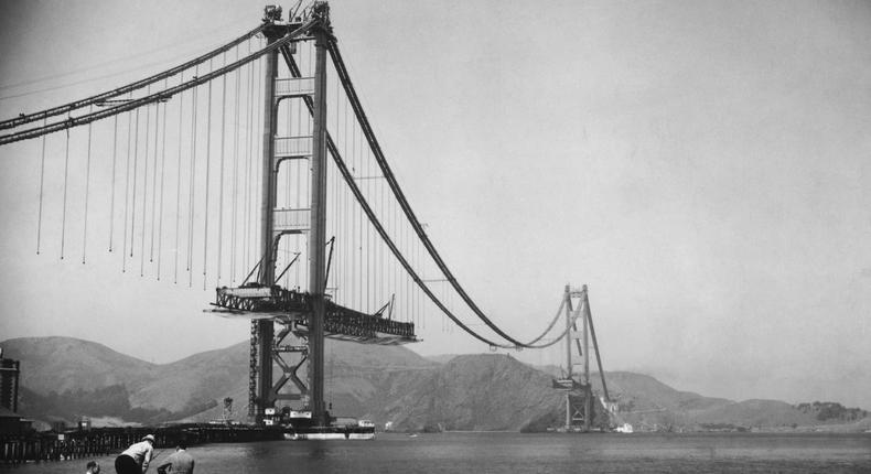 The Golden Gate Bridge in San Francisco during its construction.