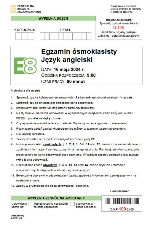 Egzamin ósmoklasisty 2024. Język angielski. Arkusz CKE.