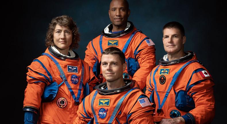 The crew of NASA's Artemis II mission (left to right): NASA astronauts Christina Hammock Koch, Reid Wiseman (seated), Victor Glover, and Canadian Space Agency astronaut Jeremy Hansen. Artemis II will not land on the moon but Artemis III is scheduled to.NASA