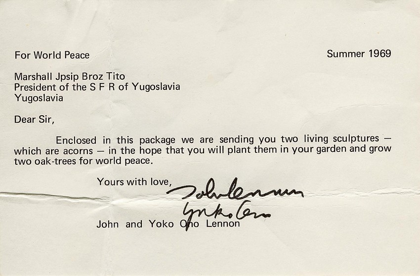  Pismo Džona Lenona i Joko Ono u kojem mole Tita da zasadi dva žira koja mu šalju u dvorištu rezidencije, u svrhu svetskog mira