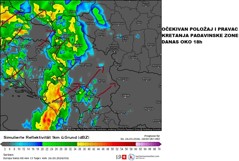 Kretanje padavina danas oko 18