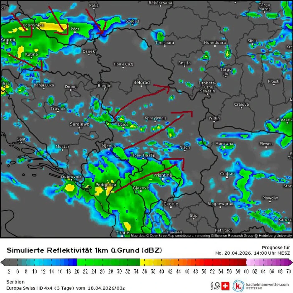 Pogoršanje vremena počinje u nedelju uveče, a razviće se u ponedeljak