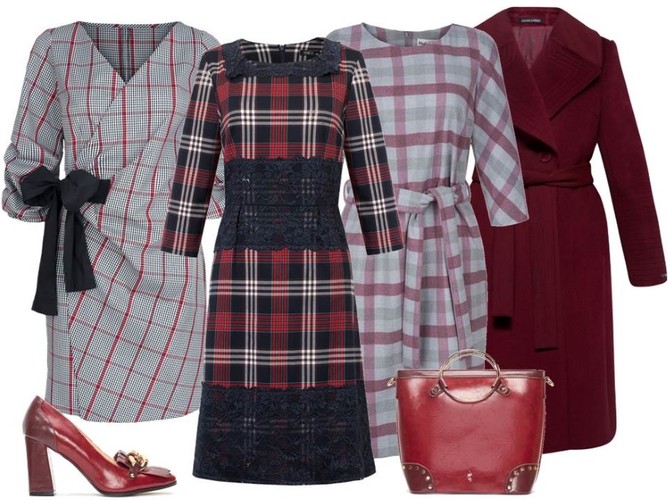 Ubrania w kratę: sukienka w szarą kratę z czarną kokardą – Modern Line/modernline.pl, sukienka w kratę z koronką – Trynite/trynite.pl, sukienka w szaro-bordową kratę z paskiem – Modern Line/modernline.pl, płaszcz – Dziekański/dziekanski.pl, torebka – Menbur/menbur.pl, buty – Menbur/menbur.pl