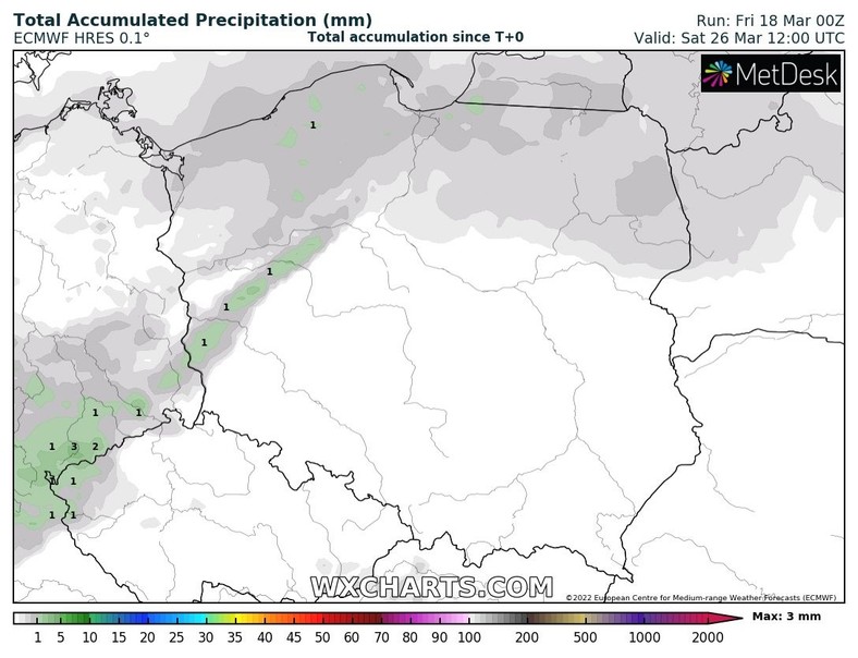 Prognozowana suma opadów w Polsce do sobotniego południa