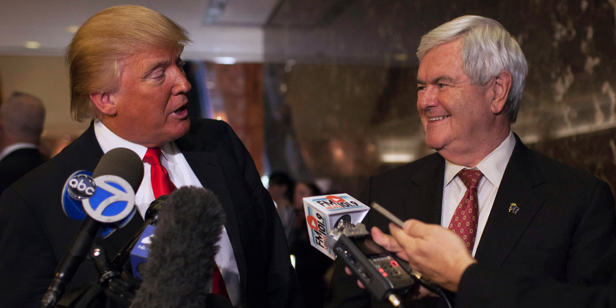 Donald Trump (L) speaks to members of the media after a meeting with Republican presidential candidate Newt Gingrich at Trump Towers on 5th Avenue in New York, December 5, 2011.