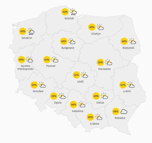 Prognozowany stopień zachmurzenia na niedzielę 20 listopada