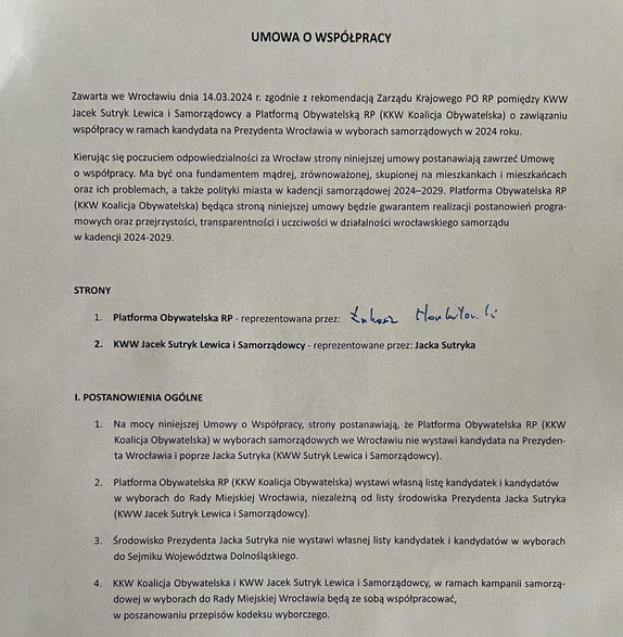 Fragment umowy o współpracy wyborczej zawartej przez środowisko Jacka Sutryka i Platformę Obywatelską