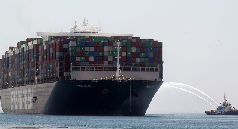 The Ever Given sailing down the Suez Canal near Ismailia, Egypt, on July 7, 2021.
