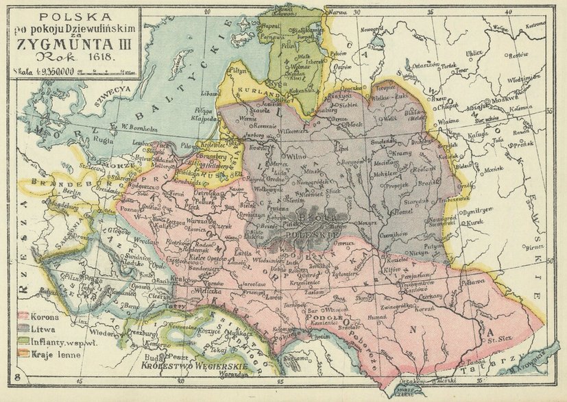 Obszar Rzeczpospolitej za panowania Zygmunta III Wazy, po rozejmie w Dywilinie w Atlasie historycznym Polski (Józef Bazewicz, 1923 r)