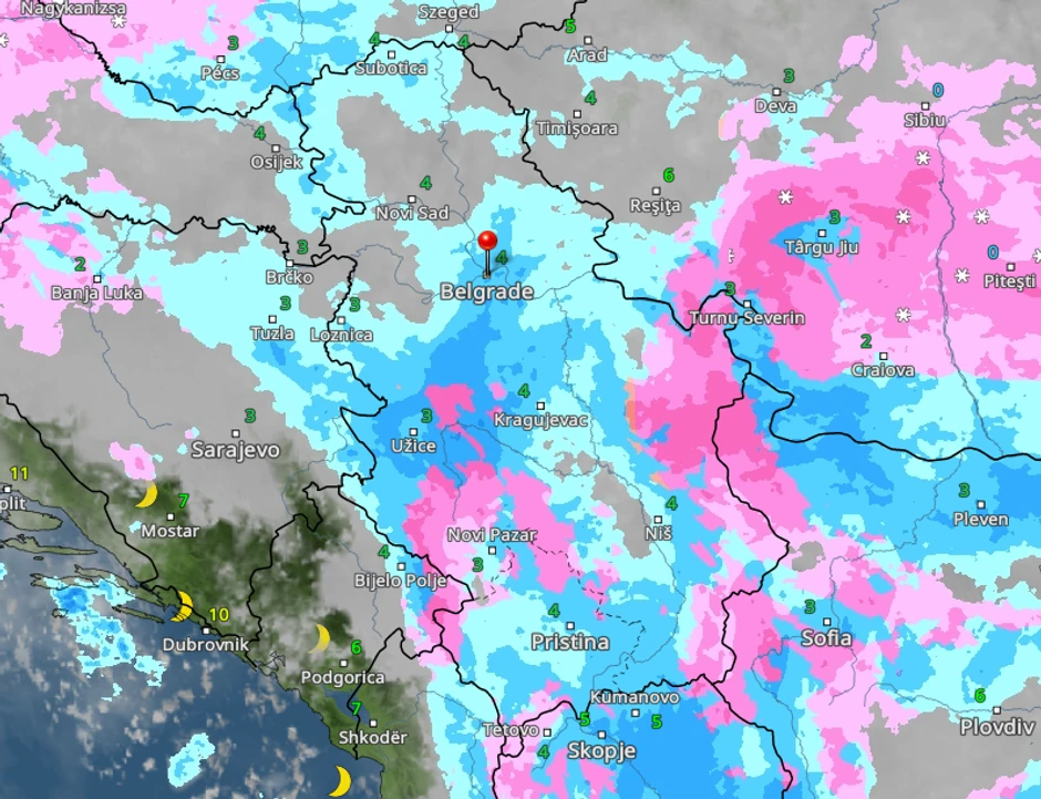 Kretanje kiše i snega sutra u 19 časova