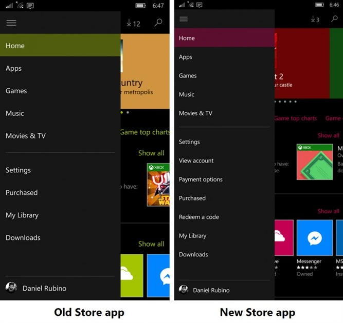 Sklep Windows z Windows 10 Mobile (po lewej stary, po prawej nowy)