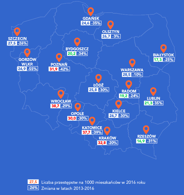 Ranking bezpieczeństwa polskich miast - mapa, źródło: Home Brokers