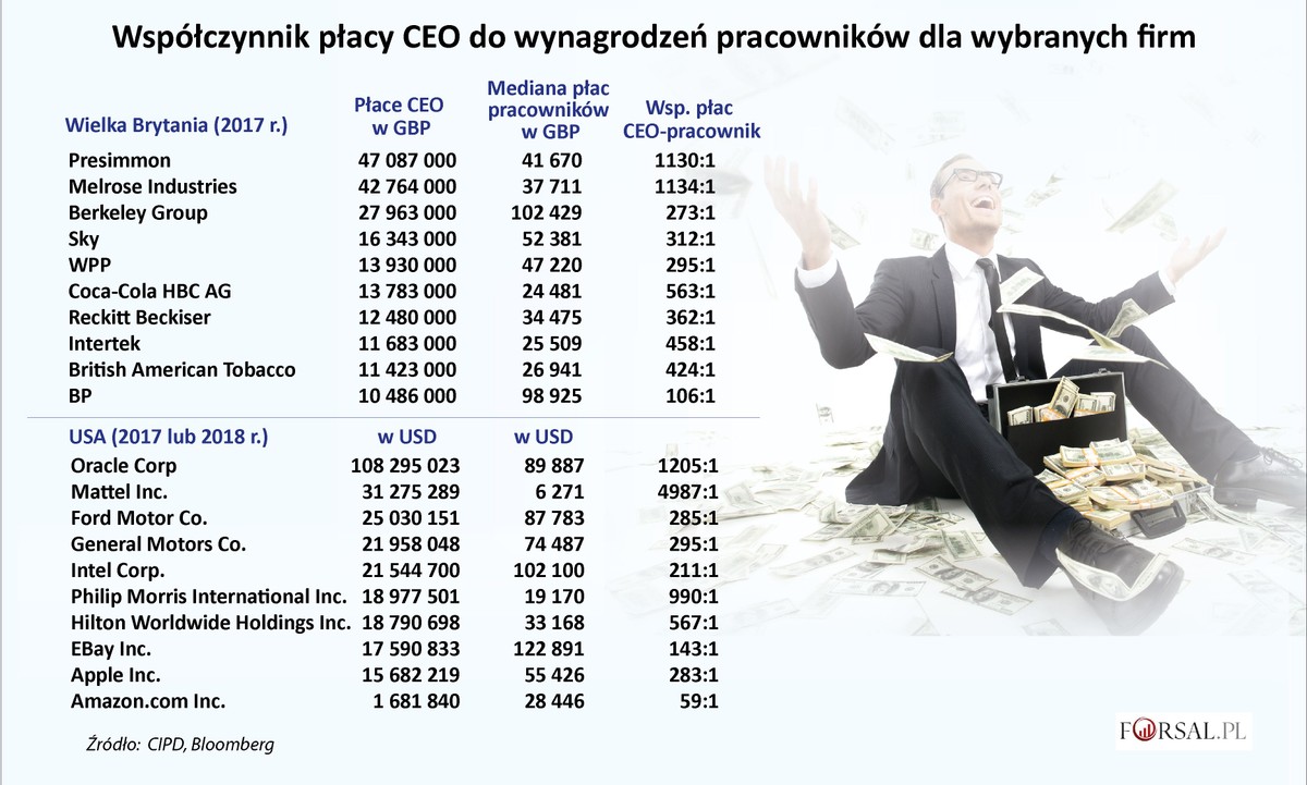 Wsp. płacy CEO do wynagrodzeń pracowników dla wybranych firm