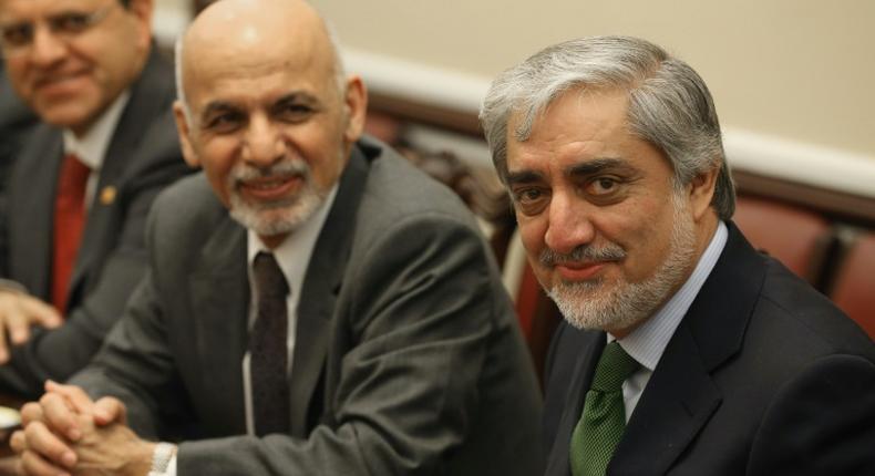 Afghanistan President Ashraf Ghani (L) and Chief Executive Abdullah Abdullah (R) -- seen here in Washington in March 2015 -- are running against each other for the presidency