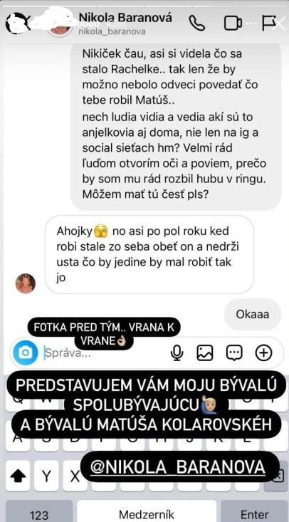 Konverzácia Nikoly Baranovej s jej bývalým spolubývajúcim.