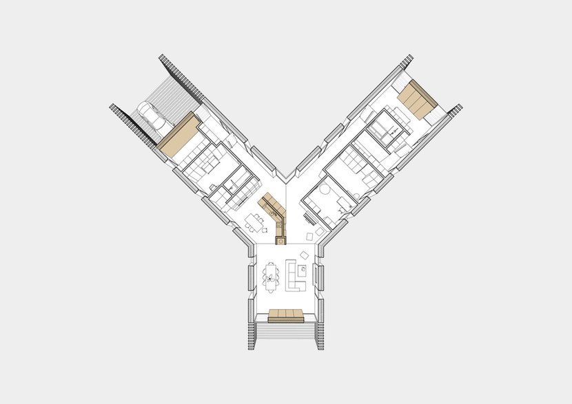 Parterowy dom na planie litery „Y”. Projekt powstał dla rodziny z dziećmi