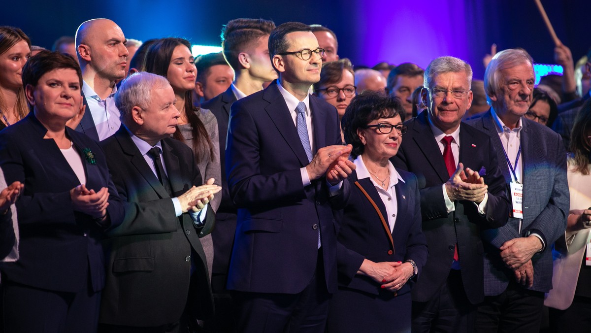 Konwencja PIS inaugurująca kampanię prezydencką Andrzeja Dudy. Na zdjęciu Jarosław Kaczyński, Mateusz Morawiecki, Elżbieta Witek, Stanisław Karczewski i Ryszard Terlecki, Warszawa, 15 lutego 2020 r.