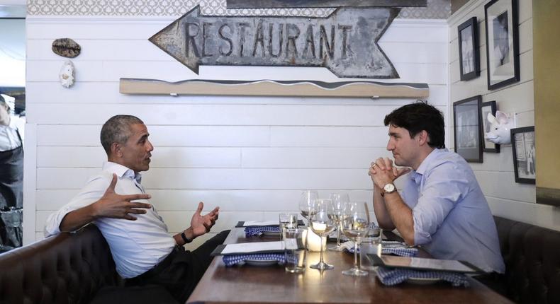 Barack Obama and Justin Trudeau have dinner in Montreal on June 6, 2017.