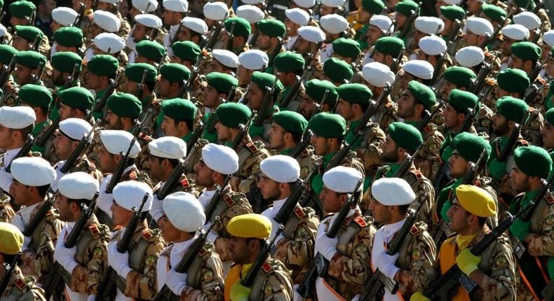 Iranian soldiers march during a parade marking the country's Army Day on April 18, 2017 in Tehran