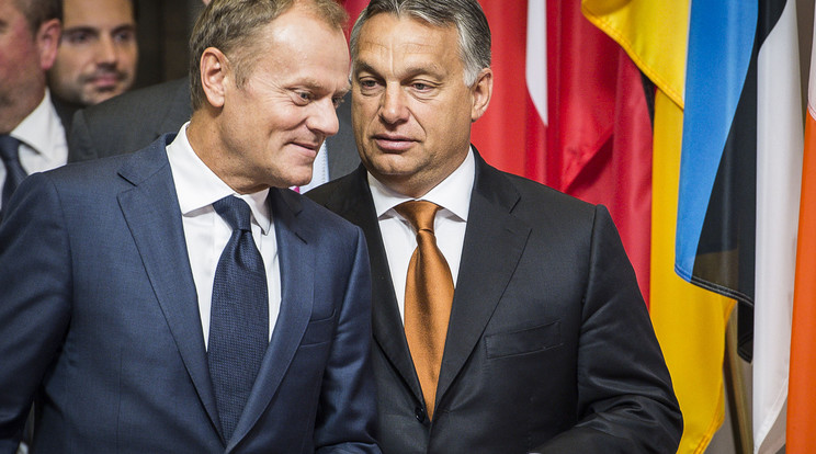 Donald Tusk és Orbán Viktor még 2015-ben, az egyik EU-csúcs előtt egyeztetnek / Fotó: Northfoto