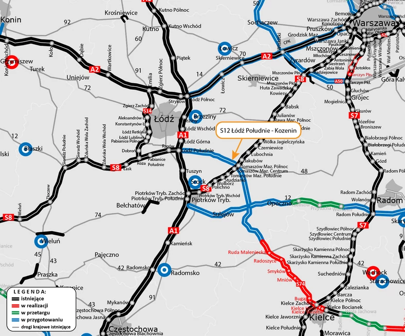 Mapa przebiegu drogi S12 Łódź Południe — Kozenin