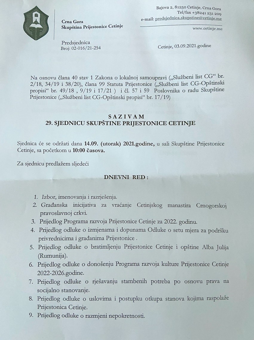 Poziv za sednicu Skupštine Cetinje