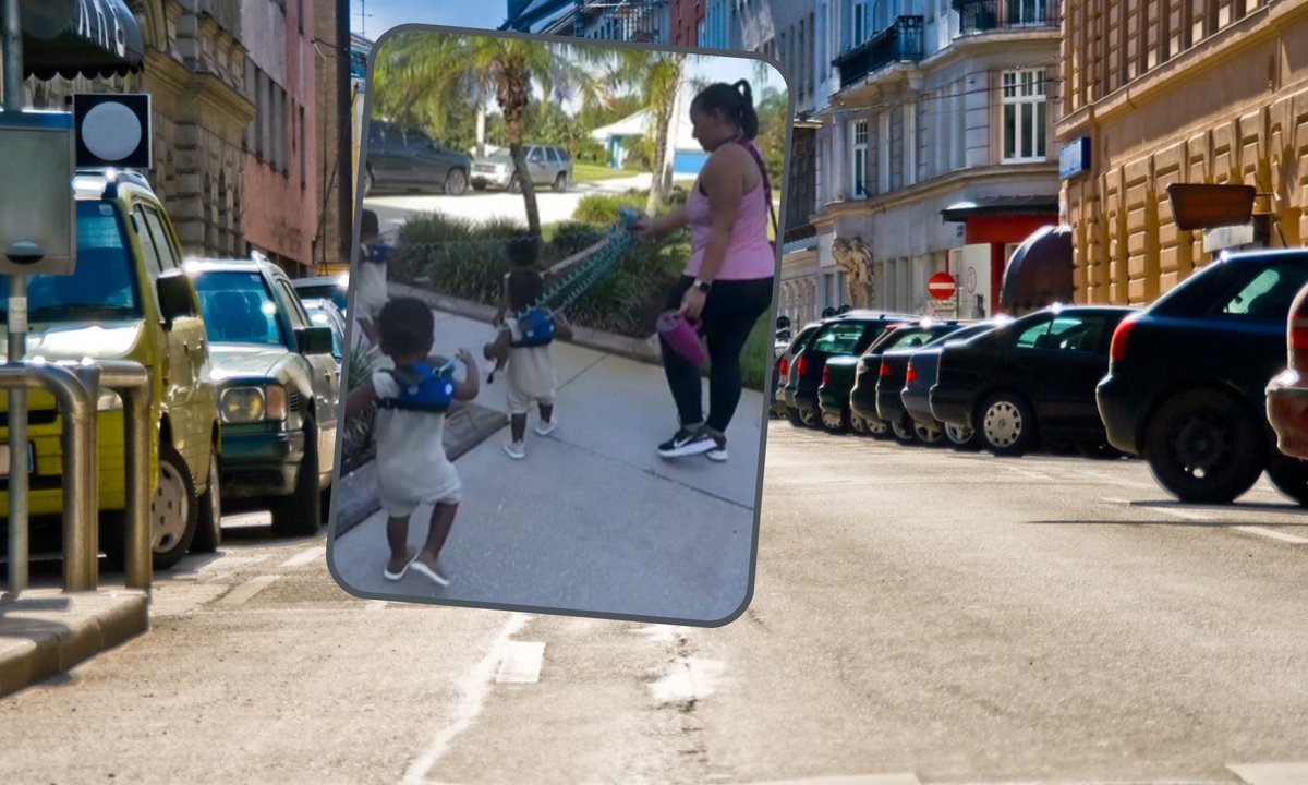 Prowadziła na smyczy czworo dzieci. "Świetna robota, mamo!"