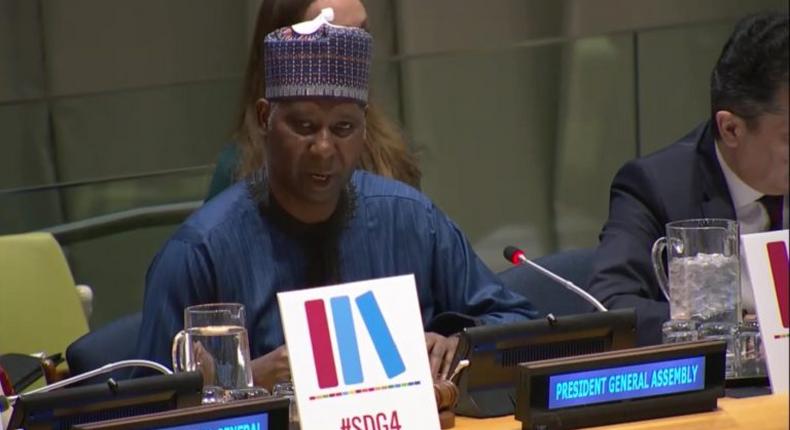 President of the UN General Assembly, Amb. Tijani Muhammad-Bande, delivering his opening remarks at the event. (NAN)