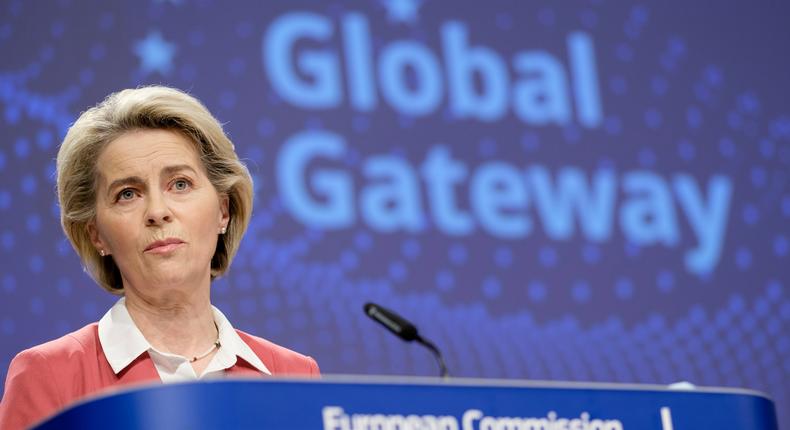 President of the European Commission Ursula von der Leyen speaks to media at the end of the weekly EU Commission meeting, in the Berlaymont, the EU Commission headquarter on December 1, 2021 in Brussels, Belgium.