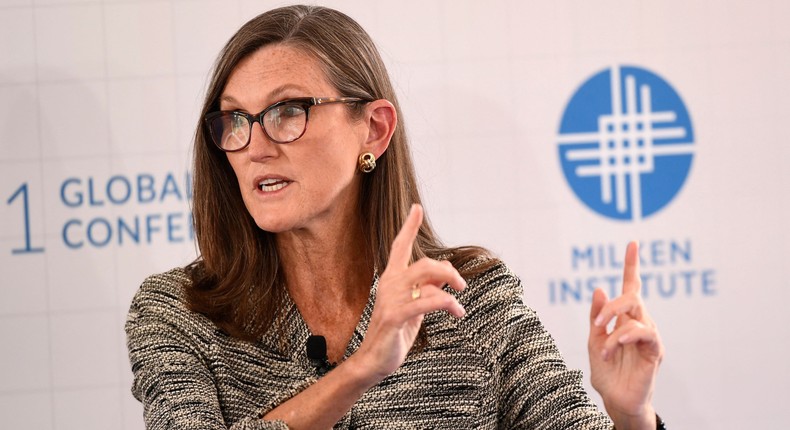 Catherine Wood, chief executive officer and chief investment officer, Ark Invest, speaks during the Milken Institute Global Conference on October 19, 2021 in Beverly Hills, California.