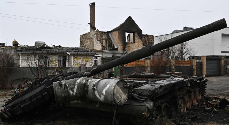 Destroyed Russian tank lays in Dmytrivka village near Bucha on April 2, 2022.