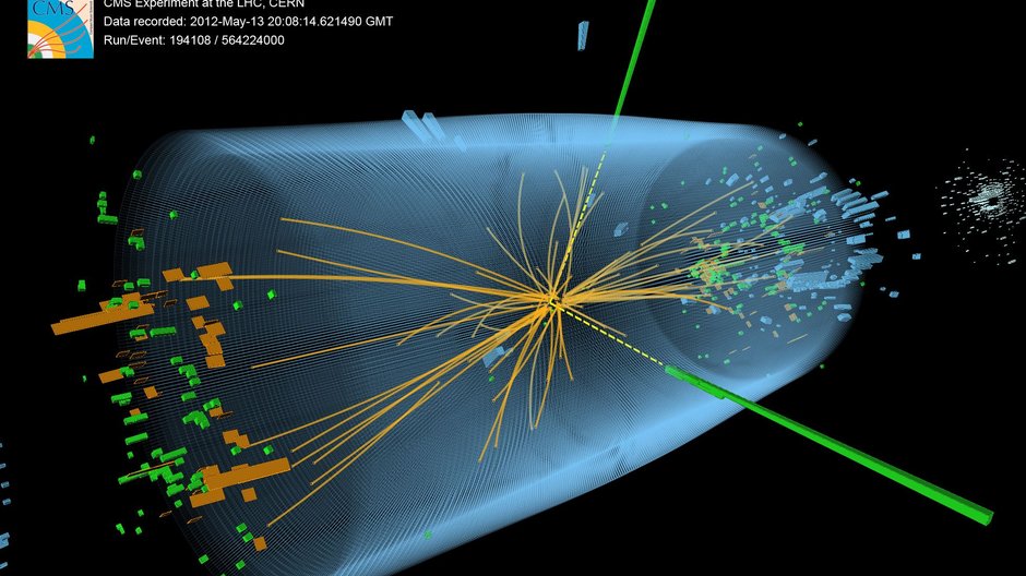 Wydarzenie zarejestrowane w detektorze CMS podczas zderzenia dwóch protonów o energii 8 TeV. Widzimy tutaj cechy charakterystyczne dla rozpadu bozonu Higgsa na parę fotonów (żółte i zielone linie).