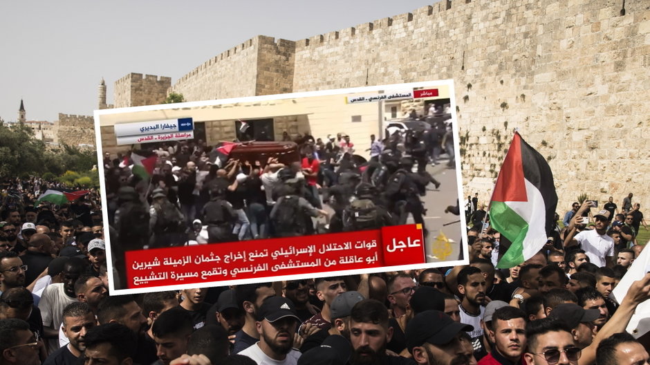 Moment ataku izraelskiej policji na żałobników Shireen Abu Akleh w Jerozolimie, 13 maja 2022 r.
