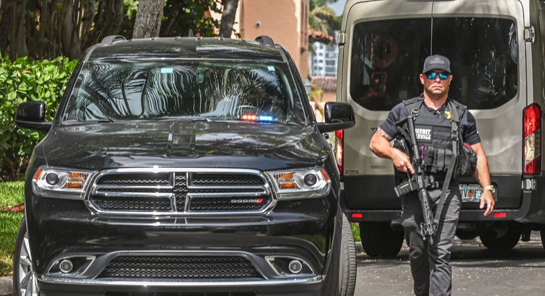 A member of the Secret Service is seen in front of the home of former President Donald Trump at Mar-A-Lago in Palm Beach, Florida on August 9, 2022.