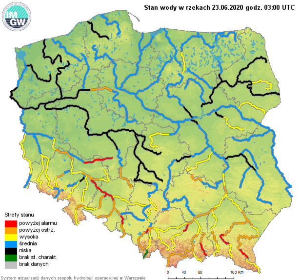 Stan wody w rzekach w Polsce na 23.06.20200, godz. 3