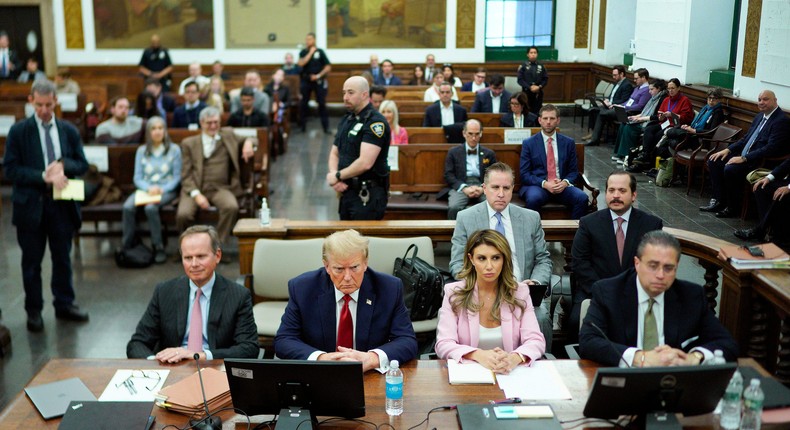 Donald Trump sits at the defense table at his New York fraud trial, flanked, from left, by attorneys Chirstopher Kise, Alina Habba, and Clifford Robert.Eduardo Munoz Alvarez/Pool/Getty Images