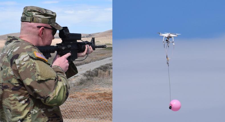 A Wisconsin National Guardsman and a small drone holding a balloon.Jake Epstein/Business Insider