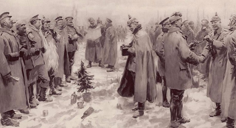 An artist's impression from The Illustrated London News of 9 January 1915 of what the Christmas truce looked like. It is titled British and German Soldiers Arm-in-Arm Exchanging Headgear: A Christmas Truce between Opposing TrenchesWikimedia commons