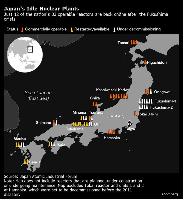 Nieczynne elektrownie jądrowe w Japonii | Tylko 12 z 33 działających reaktorów w kraju zostało ponownie uruchomionych po kryzysie w Fukushimie