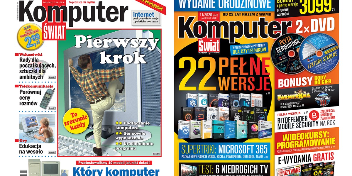 Pierwsza okładka "Komputer Świata" z 1998 r. i najnowsza. Magazyn kończy 22 lata