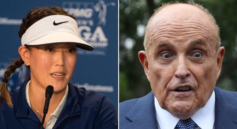 Michelle Wie (L) speaks during a press conference on June 18, 2019 in Chaska, Minnesota. Rudy Giuliani (R) talks to journalists outside the White House on July 1, 2020 in Washington, DC.
