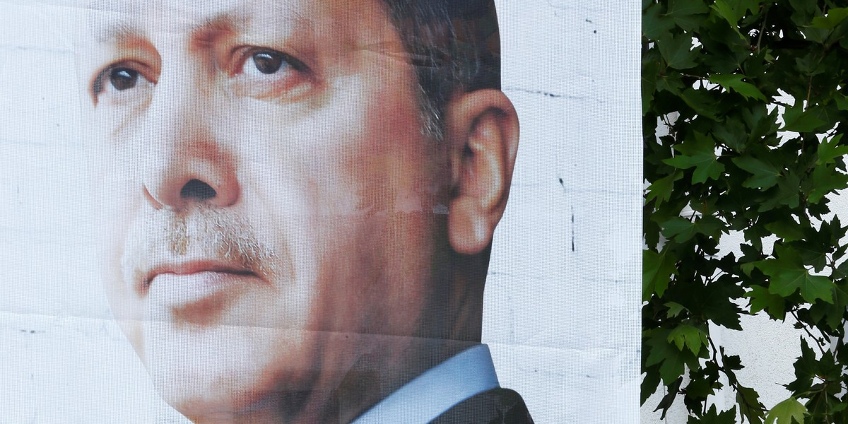 A poster of Turkish President Recep Tayyip Erdogan during an opening ceremony in Istanbul on May 6.