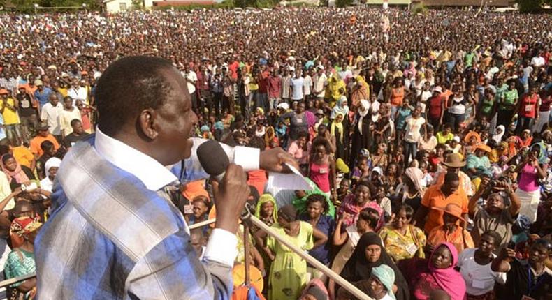 Raila Odinga addresses a past rally at Tononoka grounds in Mombasa.