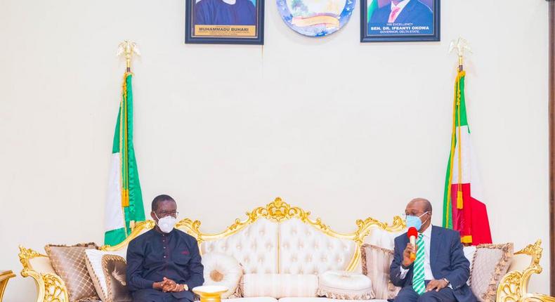 CBN Gov Emefiele pays condolence visit to Delta State Governor Ifeanyi Okowa in Asaba on Friday, Feb 5, 2021 