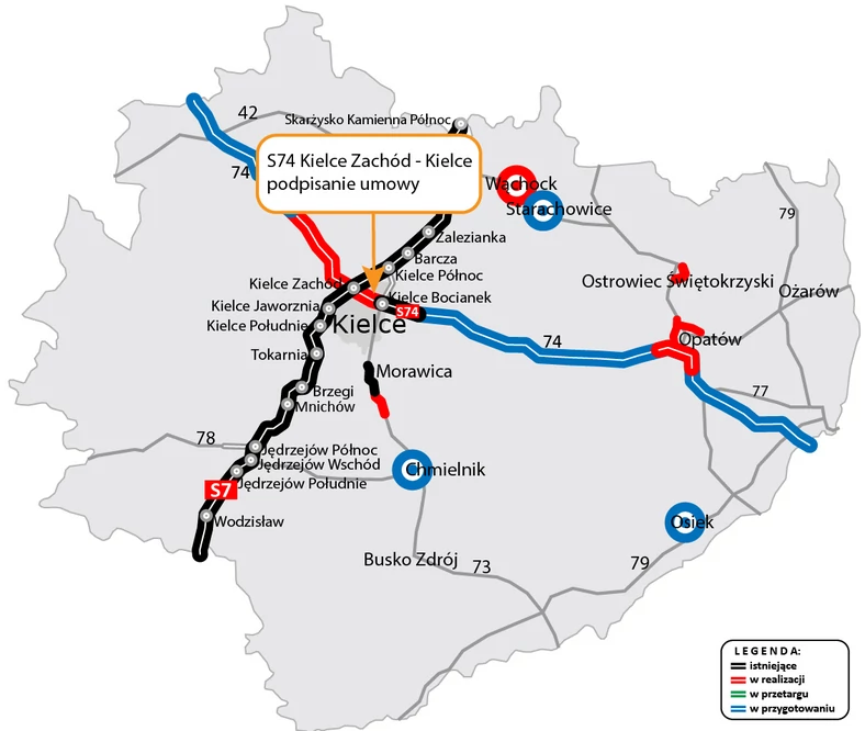 Lokalizacja odcinka S74 Kielce Zachód - Kielce na mapie województwa świętokrzyskiego
