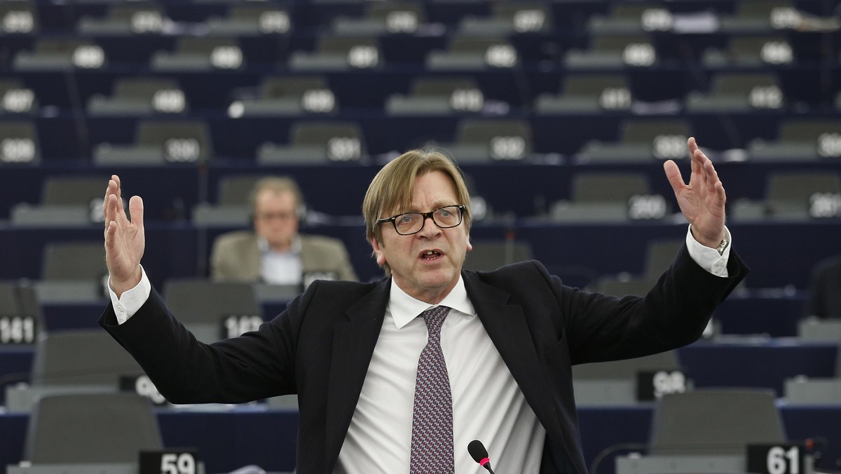 Verhofstadt, President of the Group of the Alliance of Liberals and Democrats for Europe, addresses the European Parliament during a debate on the situation in Ukraine in Strasbourg