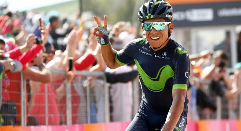Colombia's Nairo Quintana of team Movistar celebrates as he crosses the finish line to win the ninth stage of the 100th Giro d'Italia