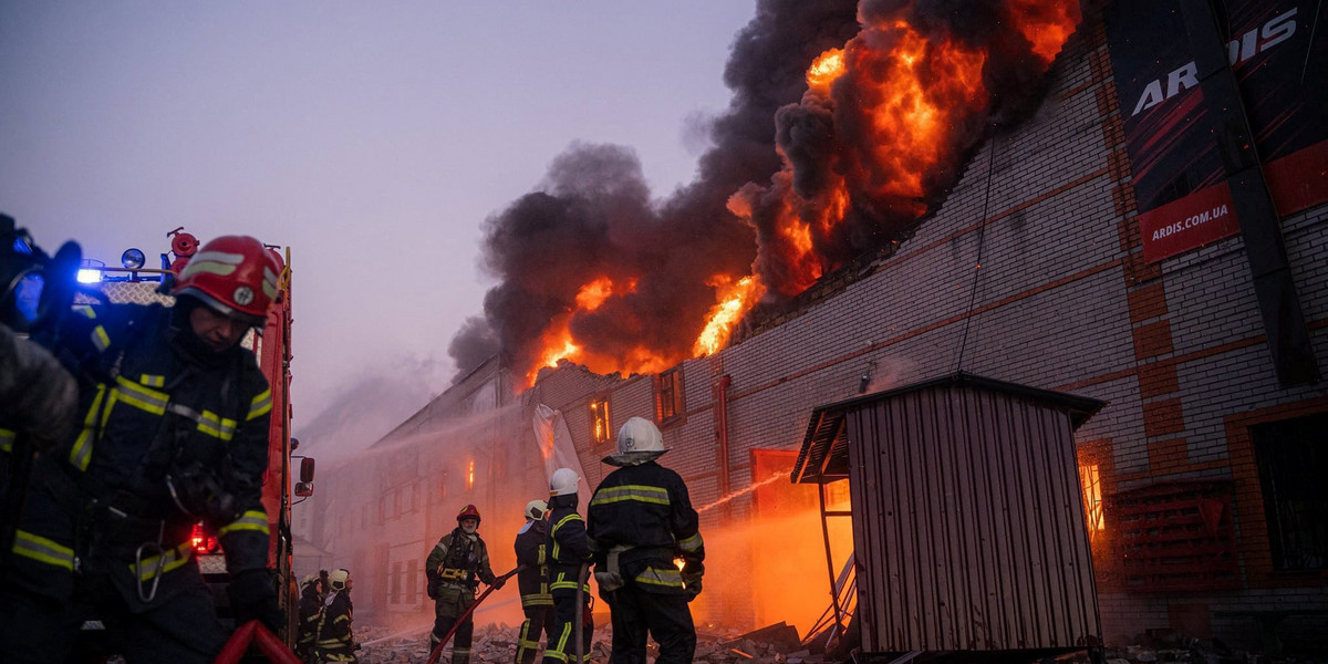 Rescuers work in an area damaged by shelling in Kyiv