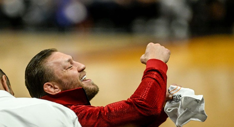 UFC champion Conor McGregor hams it up for fans during Game 4 of the NBA Finals between the Denver Nuggets and the Miami Heat.Aaron Ontiveroz/The Denver Post